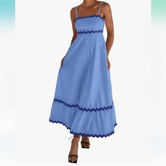 Kirundo Blue Spaghetti Strap Ric Rack Maxi Dress Size Medium NWT - Picture 2 of 11